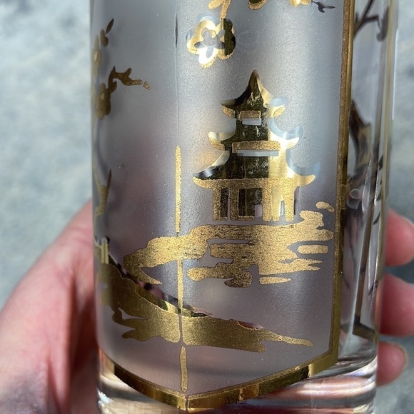 Asian Gold Leaf Frosted High Ball Glasses Pagoda Lotus Tree Cocktail Set of 2 - Picture 6 of 9